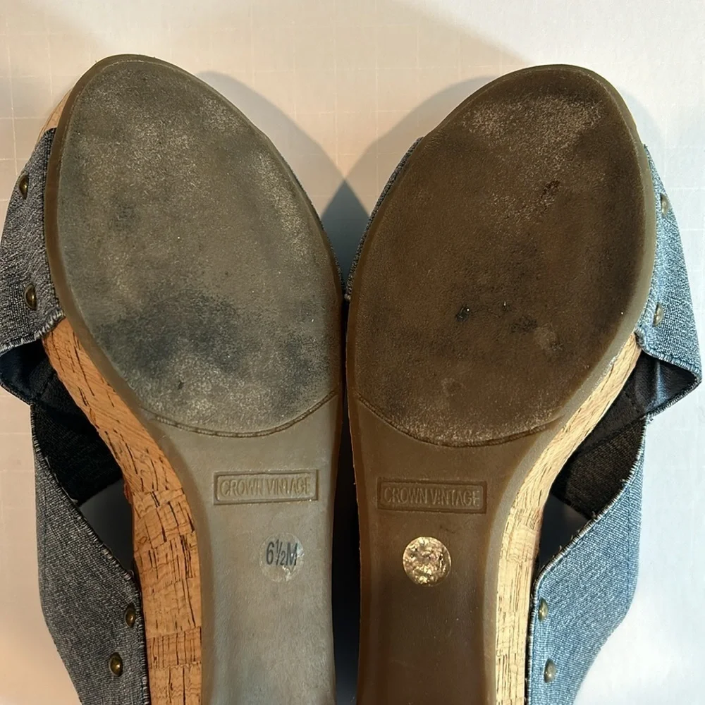 Crown Vintage Cork Wedge Blue Denim Stretch Studded Sandal Size 6.5